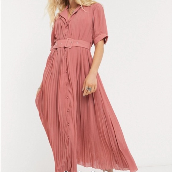 ASOS Dresses & Skirts - ASOS Pleated Belted Midi Dress in Pink